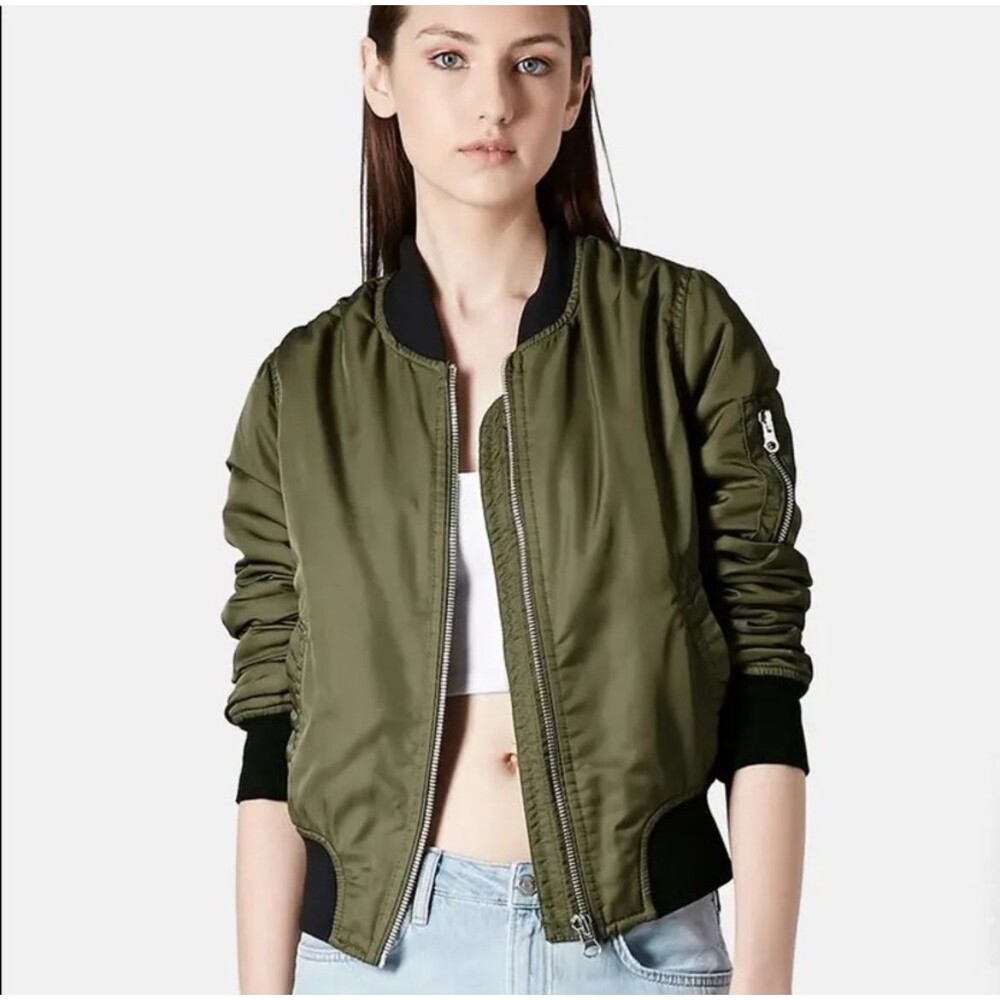 Topshop Bomber Jacket Ultimate MA1 Cropprd Shiny Olive Green Size 6